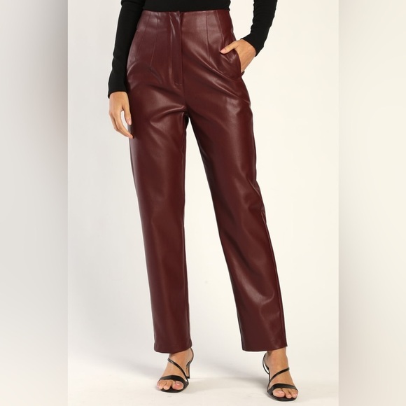 NWT Lulus Icon Living Burgundy Vegan Leather High-Waisted Trousers - Picture 2 of 5